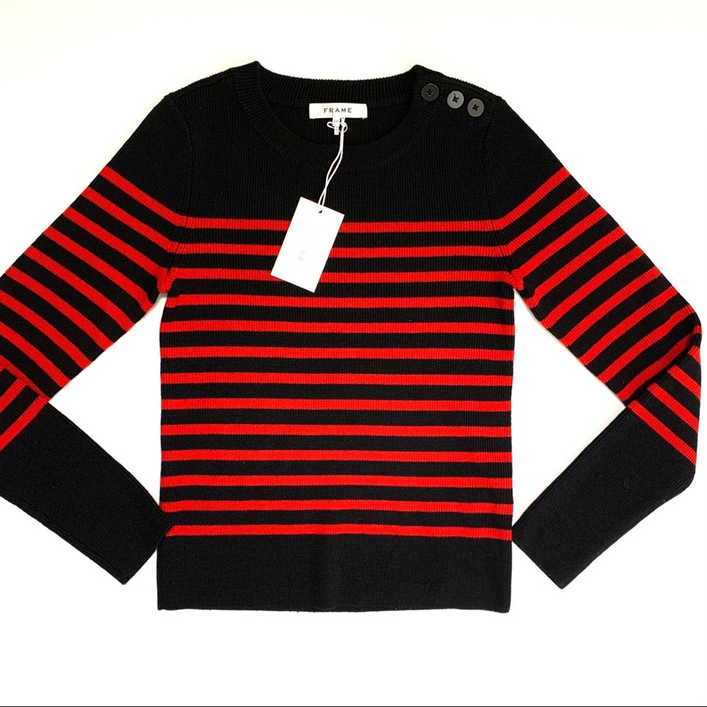 NWT FRAME striped sweater black and red buttons